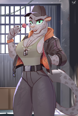4_fingers anthro big_breasts bottomwear breasts candy clothed clothed_anthro clothed_female clothing dessert dog_tags fangs female fingers food fur grey_body grey_fur hat headgear headwear humanoid_hands jacket lollipop markings pants shirt solo spots spotted_body spotted_fur tail tank_top teeth thick_thighs tongue topwear wearing_hat hinget dreamworks the_bad_guys kitty_kat_(the_bad_guys) felid mammal pantherine snow_leopard absurd_res hi_res