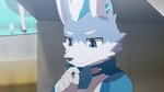 16:9 2024 anime_style anthro biped blue_body blue_eyes blue_fur canid canine canis fur looking_at_viewer male mammal rirusuke slim_anthro slim_male solo white_body white_fur widescreen wolf