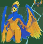 3_eyes anthro athletic beak blue_body blue_feathers breasts electricity feathered_wings feathers female grey_beak lightning mask multi_eye navel non-mammal_breasts non-mammal_navel nude simple_background solo winged_arms wings yellow_body yellow_feathers trueblue3d core_keeper azeos_(core_keeper) avian absurd_res hi_res reference_image