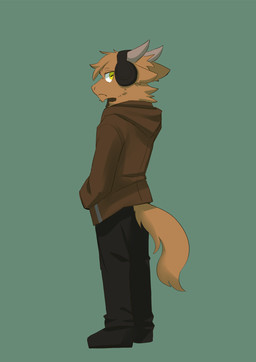 anthro black_bottomwear black_clothing black_footwear black_pants black_shoes bottomwear brown_clothing brown_topwear clothed clothing ears_back electronics footwear fur green_background green_eyes hand_in_pocket headgear headphones headset horizontal_pupils horn male mouth_closed orange_body orange_fur pants pivoted_ears pockets pupils simple_background solo standing topwear kuttoyaki full-length_portrait hi_res portrait