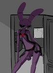 anthro black_clothing black_panties black_underwear broken_glass buckteeth clothed clothing crossgender door doorway female glass hand_on_leg lingerie machine mtf_crossgender open_mouth panties ribbons smile solo teeth topwear underwear fluffolio five_nights_at_freddy's scottgames bonnie_(fnaf) weaver_bonnie animatronic lagomorph leporid mammal rabbit robot 2021 digital_media_(artwork) hi_res