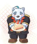 anthro biped blush bottomwear cake chibi clothing dessert eyes_closed food fruit kemono male necktie pants plant shirt solo strawberry topwear tamotoji_x knights_college paul_pfitzner bear mammal polar_bear ursine 2021