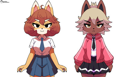 anthro bottomwear brown_body brown_fur brown_hair clothing collared_shirt countershading duo eyebrows female fur hair necktie shirt simple_background skirt topwear white_background white_eyebrows white_hair yellow_body yellow_fur voider_(artist) bully_fox bully_fox_(robbie) canid canine fox mammal hi_res