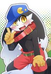 abstract_background anthro belt big_collar black_body black_fur blush bottomwear clothing collar fur gloves handwear hat headgear headwear long_ears male oversized_collar shorts smile solo yellow_eyes young young_anthro tsukane_yoda bandai_namco klonoa_(series) klonoa domestic_cat felid feline felis mammal absurd_res hi_res