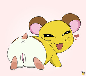 anus brown_body brown_fur butt butt_focus eyes_closed female female_feral feral fur genitals heart_symbol logo presenting presenting_hindquarters presenting_vulva simple_background smile smiling_at_viewer solo vulva white_body white_fur x_anus young young_female young_feral pichu90 hamtaro_(series) penelope_(hamtaro) cricetid hamster mammal rodent artist_logo