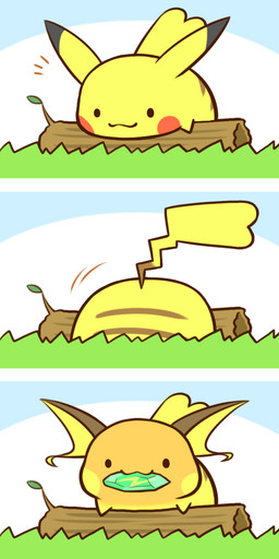 :3 ambiguous_gender cleft_tail evolution evolution_(transformation) evolutionary_stone feral fur log mouth_hold rock tail thunder_stone transformation wood yellow_body yellow_fur rairai-no26-chu nintendo pokemon generation_1_pokemon mammal pikachu pokemon_(species) raichu rodent 1:2 2013 comic