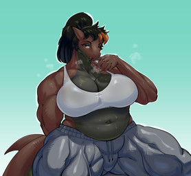 anthro belly big_breasts big_muscles black_hair bodily_fluids bottomwear breasts cleavage clothed clothing ear_piercing eyebrows eyelashes female hair huge_muscles huge_thighs looking_at_viewer midriff musclegut muscular muscular_female navel open_mouth pants piercing ponytail shirt sitting slightly_chubby solo spread_legs spreading steam sweat sweatpants tank_top thick_thighs topwear thedarkzircon aquatic fish shark 2026 absurd_res hi_res