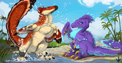 ambiguous_gender bath bathing claws feathered_wings feathers female feral group male personal_grooming purple_body purple_feathers raised_tail red_body red_feathers sickle_claw spashing splash tail tail_feathers tan_body tan_feathers toe_claws water wet wing_claws wings thedinosaurmann xane avian deinonychus dinosaur dromaeosaurid feathered_dinosaur feathered_scalie prehistoric_species reptile saurischian scalie theropod hi_res