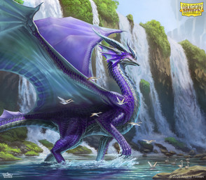ambiguous_gender claws detailed_background feral grass group horn membrane_(anatomy) membranous_wings outside partially_submerged plant purple_body purple_scales quadruped rock scales tail walking water waterfall wings brian_valeza dragon_shield mythology avian bird dragon mythological_creature mythological_scalie scalie 2025 digital_media_(artwork) hi_res official_art