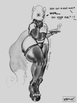 ankle_cuffs anthro beverage bulge clothing collar crop_top cuff_(restraint) emoji eye_patch eyewear footwear fur high_heels latex latex_clothing latex_legwear latex_topwear legwear lipstick makeup male name_tag restraints serving_tray shirt shoes solo tail text text_on_clothing thigh_highs thinking thong topwear underwear wide_hips wrist_cuffs declu canid canine canis domestic_dog husky mammal nordic_sled_dog spitz absurd_res hi_res watermark