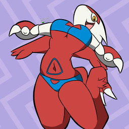 anthro bikini blue_clothing blue_swimwear breasts claws clothing female looking_at_viewer medium_breasts midair navel open_mouth open_smile pattern_background purple_background red_body simple_background smile solo swimwear text two-piece_swimsuit white_body wings yellow_eyes domedvortex nintendo pokemon generation_3_pokemon latias legendary_pokemon pokemon_(species) 1:1 artist_name hi_res