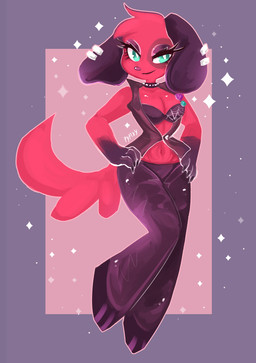 anthro barefoot biped black_ears border bottomwear breasts cleavage clothed clothing ear_piercing ear_ring feet female fur head_tuft navel pants piercing pink_nose purple_border red_body red_fur red_tail ring_piercing sleeveless_jacket smile solo tail teal_eyes tuft wide_hips pypixy animal_crossing nintendo cherry_(animal_crossing) canid canine canis domestic_dog mammal 2020 digital_media_(artwork) digital_painting_(artwork) full-length_portrait hi_res painting_(artwork) portrait signature