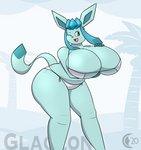 2020 anthro anthrofied beach big_breasts bikini blue_body blue_eyes blue_fur breasts canid chocend clothed clothing eeveelution female fur generation_4_pokemon glaceon hand_on_breast hi_res huge_breasts leaning leaning_forward mammal nintendo one_eye_closed pokemon pokemon_(species) portrait seaside slightly_chubby smile solo standing swimwear thick_thighs three-quarter_portrait wink