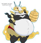 antennae_(anatomy) anthro belly big_belly big_breasts breasts dialogue female fur hair multi_arm multi_limb multicolored_body multicolored_fur obese obese_anthro obese_female overweight overweight_anthro overweight_female simple_background solo white_background white_body white_fur white_hair yellow_body yellow_fur mizz-britt helluva_boss mythology queen_bee-lzebub_(helluva_boss) arthropod bee canid canid_demon canine demon fox hellhound hybrid hymenopteran insect mammal mythological_canine mythological_creature 2023 absurd_res digital_drawing_(artwork) digital_media_(artwork) hi_res