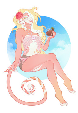 accessory anthro arm_support beverage blonde_eyelashes blonde_hair bottomwear bracelet claws clothed clothing coconut coconut_drink collarbone drupe_(fruit) ear_piercing eyelashes female flower flower_in_hair food fruit fur furgonomics hair hair_accessory half-closed_eyes holding_coconut jewelry lips long_eyelashes long_hair long_tail looking_at_viewer makeup multicolored_hair narrowed_eyes navel navel_piercing necklace off_shoulder open_mouth paws piercing pink_body pink_fur plant shorts simple_background sitting skinny smile smiling_at_viewer solo tail tail_accessory tail_bracelet tail_jewelry teeth topwear two_tone_hair white_body white_fur white_hair batya haplorhine mammal monkey primate 2025 colored digital_drawing_(artwork) digital_media_(artwork) hi_res