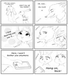 2018 absurd_res anthro aralyre blush canid canine cellphone clothed clothing comic dialogue disney duo electronics english_text eyes_closed fox fully_clothed fur hard_translated hi_res holding_cellphone holding_object holding_phone judy_hopps lagomorph leporid mammal monochrome nick_wilde open_mouth open_smile phone police police_uniform rabbit red_fox smile text third-party_edit translated true_fox uniform zootopia