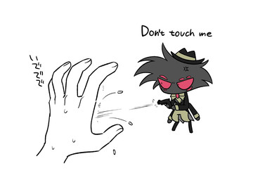 ambiguous_gender chibi clothed clothing disembodied_hand duo gun hat headgear headwear male micro multi_eye ranged_weapon text weapon enaic31 hazbin_hotel hellaverse arackniss_(hazbin_hotel) arachnid arthropod demon humanoid spider english_text