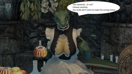 anthro clothed clothed_female clothing dialogue female maid_collar maid_uniform solo sweetroll tavern text uniform blacklya blacklya_(modeler) bethesda_game_studios microsoft skyrim the_elder_scrolls the_lusty_argonian_maid argonian scalie 16:9 3d_(artwork) 4k absurd_res comic digital_media_(artwork) english_text hi_res widescreen