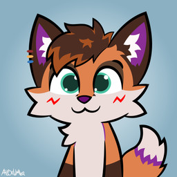 :3 anthro big_tail blue_background blue_eyes blush brown_body brown_fur dipstick_tail ear_piercing fur male markings orange_body orange_fur piercing purple_body purple_fur rainbow_piercings simple_background solo tail tail_markings tuft white_body white_fur alexumka boy_kisser_(meme) mochafox_(itsmochafox) canid canine fox mammal red_fox true_fox absurd_res hi_res meme