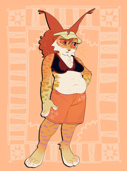anthro belly big_ears bottomwear bra cheek_tuft chest_tuft clothed clothed_anthro clothed_female clothing facial_tuft female female_anthro fur hair shorts slightly_chubby slightly_chubby_anthro slightly_chubby_female solo standing striped_body striped_fur stripes tuft underwear sabanasmiles kuri_lebeau eurasian_lynx felid feline lynx mammal 2026 hi_res
