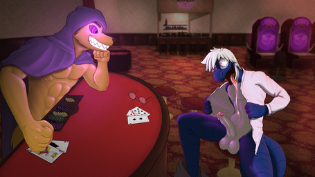 anthro anthro_on_anthro balls blackjack_(card_game) blush bodily_fluids casino chair clothing dripping duo erection eye_contact fur furniture gambling genitals glowing glowing_eyes half-closed_eyes humanoid_genitalia humanoid_penis hypnosis hypnotic_eyes looking_at_another male male/male mind_break mind_control mind_controlled narrowed_eyes nude open_mouth orange_body orange_fur penis public public_nudity ringed_eyes slot_machine smile smiling_at_another tongue tongue_out undressing draik canid canine chameleon lizard mammal reptile scalie 16:9 4k absurd_res hi_res widescreen