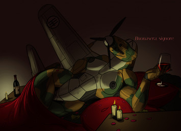 aircraft airplane alcohol anthro areola back_wings bed bedding beverage black_nipples blanket breasts camo camo_body candle candlelight candlestick cockpit container cup drinking_glass featureless_crotch female fin furniture glass glass_container glass_cup green_body light machine metallic_body navel nipples non-mammal_breasts non-mammal_navel non-mammal_nipples not_furry nude nude_anthro nude_female propeller simple_background smile solo tail tail_fin thick_thighs vehicle white_body wine wine_bottle wine_glass wings qwerty1989 aeromorph living_aircraft living_machine living_vehicle digital_media_(artwork) hi_res
