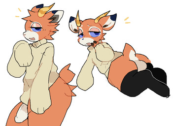 anthro backsack balls clothed clothing dwarfism femboy footwear fur genitals half-closed_eyes horn legwear lying male narrowed_eyes orange_body orange_ears orange_fur orange_tail oversized_clothing partially_clothed penis shortstack shortstack_male socks solo sweater tail tail_tuft thigh_highs topwear tuft hnydoodl animal_crossing nintendo beau_(animal_crossing) antelope bovid mammal aliasing digital_media_(artwork) hi_res