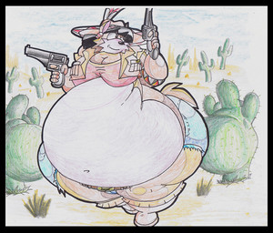 anthro belly belt big_belly black_border black_hair boots border bottomwear cactus clothing crop_top female footwear gloves gun hair handgun handwear hat headgear headwear huge_belly huge_thighs jacket obese obese_anthro overweight overweight_anthro pistol plant ranged_weapon shirt shoes shorts solo thick_thighs topwear weapon wild_west virus-20 june_coyote canid canine canis coyote mammal 2009 traditional_media_(artwork)