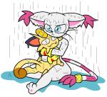 alternate_color ambiguous_gender anthro bandai_namco crossover cyanzangoose digimon digimon_(species) ear_tuft fan_character felid fur gatomon generation_1_pokemon holding_object holding_plushie mammal meowth meowth_plushie nintendo plushie pokemon pokemon_(species) pokemon_plushie raining shower simple_background solo tom_the_gatomon tuft wet white_background white_body white_fur