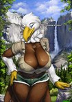 amazing_background anthro arm_tuft beak bedroom_eyes big_breasts biped blue_eyes bottomwear breasts brown_body brown_feathers cheek_tuft chest_tuft claws cleavage cliff clothed clothing curvy_figure cutoffs daisy_dukes denim denim_bottomwear denim_clothing detailed_background dialogue elbow_tuft facial_tuft feathers female finger_claws forest hand_on_hip hotpants huge_breasts looking_at_viewer midriff multicolored_body multicolored_feathers narrowed_eyes nature nature_background neck_tuft non-mammal_breasts outside park_ranger plant scuted_hands scutes seductive shorts smile solo tail tail_feathers talking_to_viewer text thick_thighs thigh_gap tree tuft two_tone_body two_tone_feathers voluptuous waterfall white_body white_feathers wide_hips yellow_beak truegrave9 marie_fisher_(spyglass8) accipitrid accipitriform avian bald_eagle bird eagle sea_eagle 2023 colored detailed digital_drawing_(artwork) digital_media_(artwork) english_text hi_res portrait three-quarter_portrait