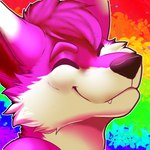 ambiguous_gender anthro countershading eyes_closed fluffy fur hair pink_body pink_fur pink_hair rainbow_background simple_background smile solo floofthefennec canid canine canis mammal wolf 1:1 absurd_res digital_media_(artwork) headshot_portrait hi_res icon portrait