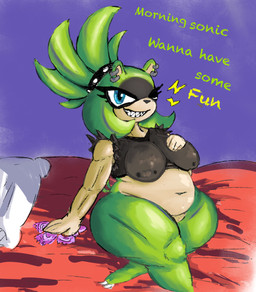 anthro barbell_piercing bed bedroom_eyes big_breasts black_clothing black_crop_top black_shirt black_topwear blue_eyes bottomless bottomless_anthro bottomless_female breasts claws clothed clothing condom crop_top dialogue ear_piercing ear_ring eyelashes female female_anthro fingers front_view fur furniture green_body green_fur green_hair hair humanoid_hands inviting long_eyelashes narrowed_eyes navel nipple_outline nipple_piercing nipples on_bed overweight overweight_anthro overweight_female piercing piercing_outline pillow pose pubes purple_background ring_piercing seductive sexual_barrier_device shadow sharp_teeth shirt simple_background sitting smile smirk solo talking_to_viewer tan_body teeth text thick_thighs toe_claws topwear caldinie1 idw_publishing sega sonic_the_hedgehog_(comics) sonic_the_hedgehog_(idw) sonic_the_hedgehog_(series) surge_the_tenrec afrosoricid mammal tenrec colored english_text hi_res shaded
