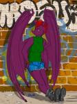 anthro clothed clothing female hair membrane_(anatomy) membranous_wings pockets red_hair solo thumbs_in_pockets undercut wings underscore_b kiri kiribat bat mammal