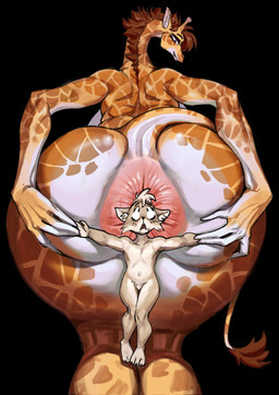 3_toes ambiguous_anthro ambiguous_gender anthro anthro_on_anthro anus back_boob big_anus big_butt black_background breasts brown_hair butt duo extreme_size_difference feet female female_anthro fur glistening glistening_butt hair horn huge_butt huge_thighs humanoid_hands larger_female long_neck looking_back navel nude orange_body ossicone pink_anus restrained_arms simple_background size_difference smaller_ambiguous smile spread_butt spreading tail tan_body tan_fur thick_thighs toes white_body worried bleedglaze felid feline giraffe giraffid mammal hi_res