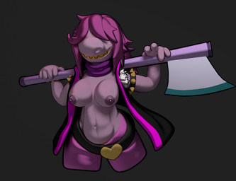 abs axe big_breasts breasts clothing female holding_object holding_weapon navel nipples non-mammal_breasts non-mammal_navel non-mammal_nipples solo weapon zhenash deltarune undertale_(series) susie_(deltarune) reptile scalie 3d_(artwork) absurd_res digital_media_(artwork) hi_res