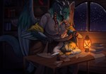 affectionate anthro bedding big_breasts blanket book bookshelf bottomwear breasts clothed clothing detailed_background duo eyewear feathered_wings feathers female fully_clothed fur furniture glasses green_body green_eyes green_feathers horn huge_breasts inside lamp lantern larger_female long_ears loose_feather male neck_tuft night orange_body orange_fur quill sitting size_difference skirt sleeping smaller_male smile snow standing sweater table topwear tuft vest wings miramint mythology arsia-loah_(thaeliscyn) hatch_(thaeliscyn) amaro dragon feathered_dragon feathered_scalie lagomorph leporid mammal mythological_creature mythological_scalie rabbit scalie hi_res