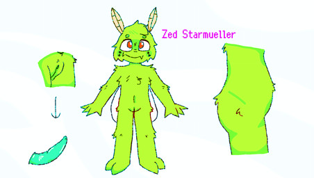 animal_genitalia antennae_(anatomy) anthro facial_tattoo fangs fluffy fur genital_slit genitals green_body green_fur male nude red_eyes solo tattoo teeth wings yurthen zed_starmueller idiotbox alien arthropod insect lepidopteran moth absurd_res hi_res model_sheet upscale