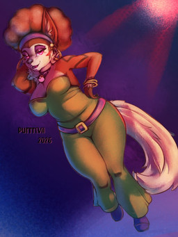 afro anthro bangle bell-bottoms belt choker clothing dancing disco female green_clothing hand_behind_head hand_on_hip jewelry necklace pokeball pokeball_choker pokeball_necklace purple_background purple_belt purple_eyes simple_background solo purrr-evil nintendo pokemon flare_melune arcanine canid canine generation_1_pokemon mammal pokemon_(species) 3:4
