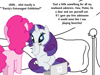 blue_eyes camera computer duo electronics female feral hair horn laptop pillow pink_body purple_hair smile text webcam white_body the_weaver friendship_is_magic hasbro my_little_pony pinkie_pie_(mlp) rarity_(mlp) equid equine horse mammal pony 4:3 english_text