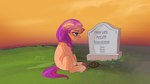 blue_eyes female feral fur hair hooves mourning orange_body orange_fur purple_hair quadruped sad sitting solo tombstone aztrial hasbro mlp_g5 my_little_pony sunny_starscout_(mlp) earth_pony equid equine horse mammal pony 16:9 hi_res widescreen