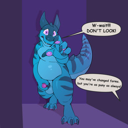 anthro balls belly blue_body caught_in_the_act caught_masturbating erection genitals horn humanoid_genitalia humanoid_penis humiliation larger_but_small looking_at_viewer male male_anthro masturbation nude nude_anthro nude_male penis penis_humiliation purple_eyes purple_penis slightly_chubby slightly_chubby_anthro slightly_chubby_male small_penis small_penis_humiliation solo speech_bubble standing tail text mintyderg kobold scalie 1:1 2023 absurd_res english_text hi_res