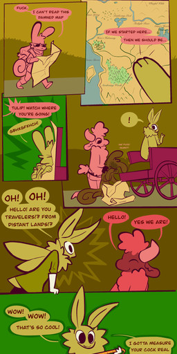 ambiguous_gender anthro backpack dialogue female fluffy grass greeting male map paws plant profanity speech_bubble tape_measure text vanilla_candy unicorn_blood_(comic) bean_(vanilla_candy) saffron_(unicorn_blood) tulip_(unicorn_blood) arthropod bovid caprine insect lagomorph lepidopteran mammal moth sheep absurd_res comic english_text hi_res restricted_palette