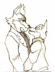 anthro clothed clothing duo eye_patch eyes_closed eyewear hand_holding male male/male nuzzling smile silk-ward a_fox_in_space nintendo star_fox fox_mccloud wolf_o'donnell canid canine canis fox mammal wolf hi_res monochrome traditional_media_(artwork)