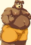 anthro belly big_belly black_nose bottomwear brown_body clothing kemono male moobs navel nipples overweight overweight_male shorts simple_background solo arufina_w canid canine canis domestic_dog mammal 2024 absurd_res hi_res