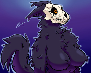 anthro big_breasts black_body black_fur black_hair black_sclera bone breasts chikinstrip curvy_figure featureless_breasts female fur hair hairless looking_at_viewer nude orange_eyes simple_background skull skull_head solo tail teeth scp_foundation scp-1471-a canid canine malo mammal monster digital_media_(artwork) hi_res