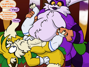 abdominal_bulge anal anal_penetration big_penis bodily_fluids chest_tuft clothing dripping ear_tuft feet femboy foot_grab footwear fur genital_fluids genitals gloves handwear leaking_precum leg_grab male penetration penis precum precum_drip purple_body purple_fur size_difference slightly_chubby slightly_chubby_male socks stirrup_legwear stirrup_socks striped_body striped_fur stripes text thick_thighs tuft white_body white_fur yellow_body yellow_fur chibitay sega sonic_the_hedgehog_(series) big_the_cat miles_prower canid canine domestic_cat felid feline felis fox mammal 4:3 absurd_res english_text hi_res
