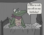 anthro bed bedding bedroom blanket clothing dialogue erection furniture genitals green_body green_scales hat headgear headwear kerchief male narrowed_eyes penis pillow presenting presenting_penis scales sitting smile smirk solo tapering_penis teeth text gentlemandemon later_alligator pat_(later_alligator) alligator alligatorid crocodilian reptile scalie english_text hi_res