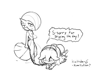 accessory ahoge all_fours ambiguous_gender ambiguous_humanoid apology bangs black_text butt chain chain_leash chest_spike dialogue dominant dominant_ambiguous dominant_humanoid duo female female/ambiguous female_human fingers hair hair_accessory hairband holding_chain holding_leash holding_object human_on_humanoid interspecies leash long_hair looking_down looking_down_at_partner not_furry nude nude_female nude_human pokephilia speech_bubble spikes spikes_(anatomy) spiral spiral_eyes stuttering submissive submissive_female submissive_human talking_to_another text dr.kanonym nintendo pokemon hex_maniac gardevoir generation_3_pokemon human humanoid mammal pokemon_(species) 2025 black_and_white english_text handwritten_text monochrome sketch male_(lore)