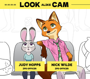 accessory anthro breasts brown_body brown_fur chair clothed clothing collared_shirt dress_shirt duo eyelashes female fingers fur furniture green_eyes grey_body grey_fur male multicolored_body multicolored_fur necktie open_mouth orange_body orange_fur purple_eyes shirt sitting t-shirt tan_body tan_fur teeth text topwear ynoo526252 disney zootopia judy_hopps nick_wilde canid canine fox lagomorph leporid mammal rabbit reptile scalie snake character_name english_text hi_res