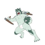 4_toes 5_fingers anthro areola asian_clothing biped blue_eyes claws clothed clothing club_(weapon) dual_wielding east_asian_clothing feet fighting_pose fingers fundoshi fur green_body green_claws green_fur holding_object holding_weapon japanese_clothing looking_at_viewer male melee_weapon muscular muscular_anthro muscular_male nightstick nipples open_mouth pink_nipples pose simple_background solo teeth toe_claws toes topless underwear weapon white_background white_clothing white_underwear mentaiko canid canine canis mammal 1:1 absurd_res hi_res